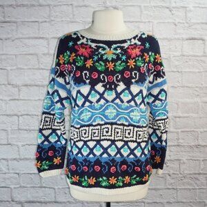 Vintage 80s Hand Knit Intarsia Floral Cottagecore Cotton Sweater Small